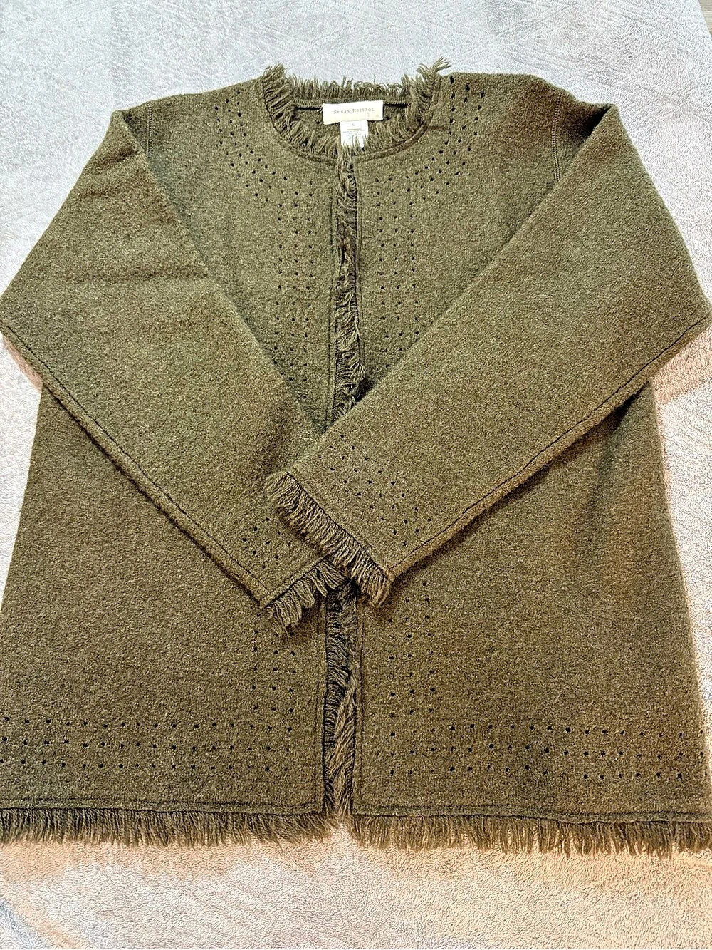 Susan Bristol Wool Fringe Cardigan Brown Size Large Like New